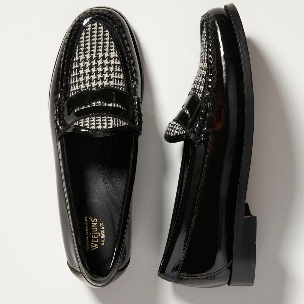 Anthropologie Women’s Leather Herringbone Twill Penny Loafers Size 8.5 G.H Bass